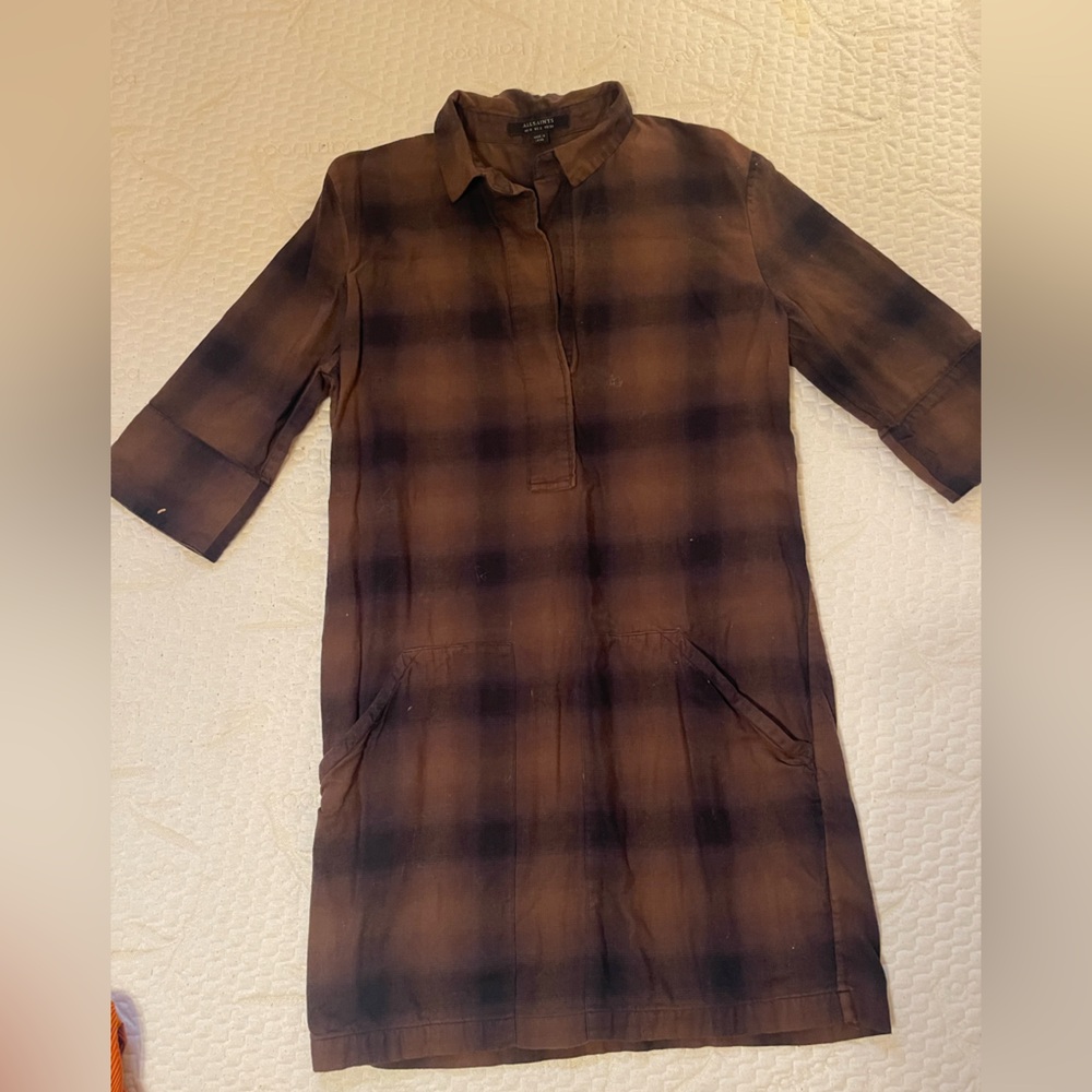 All Saints Brown Midi Dress with Plaid Pattern